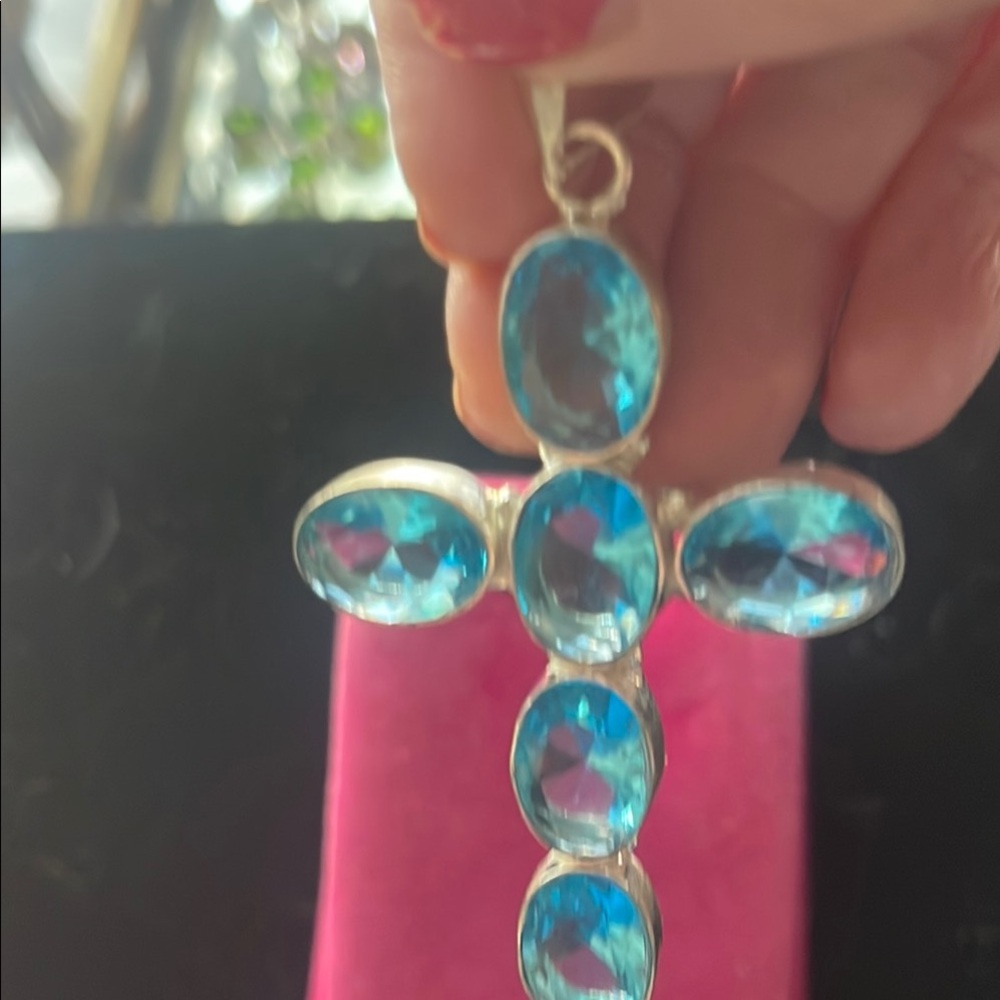 London Blue Topaz 6 Gemstone Cross pendant with Elegant Design - Picture 7 of 7